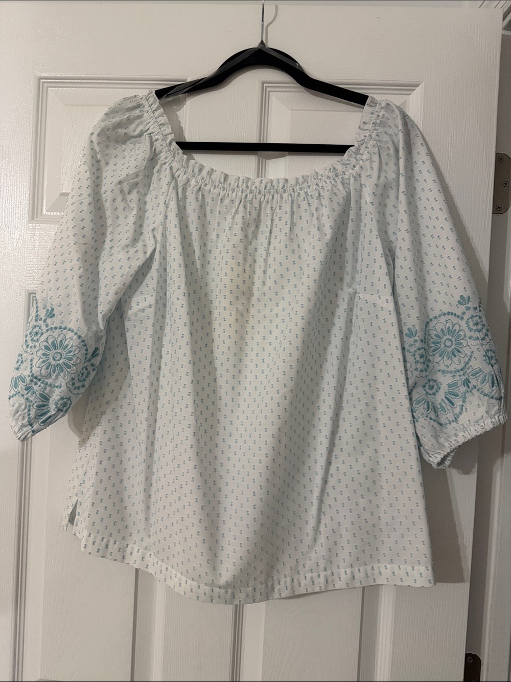 Teal and White Off-Shoulder Blouse with Teal Embroidered Sleeves